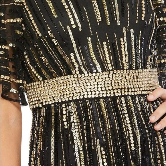 Mac Duggal 93582 Flare Sleeve‎ Embellished Dress Black Gold Cap Sleeve - flaws - Picture 2 of 11